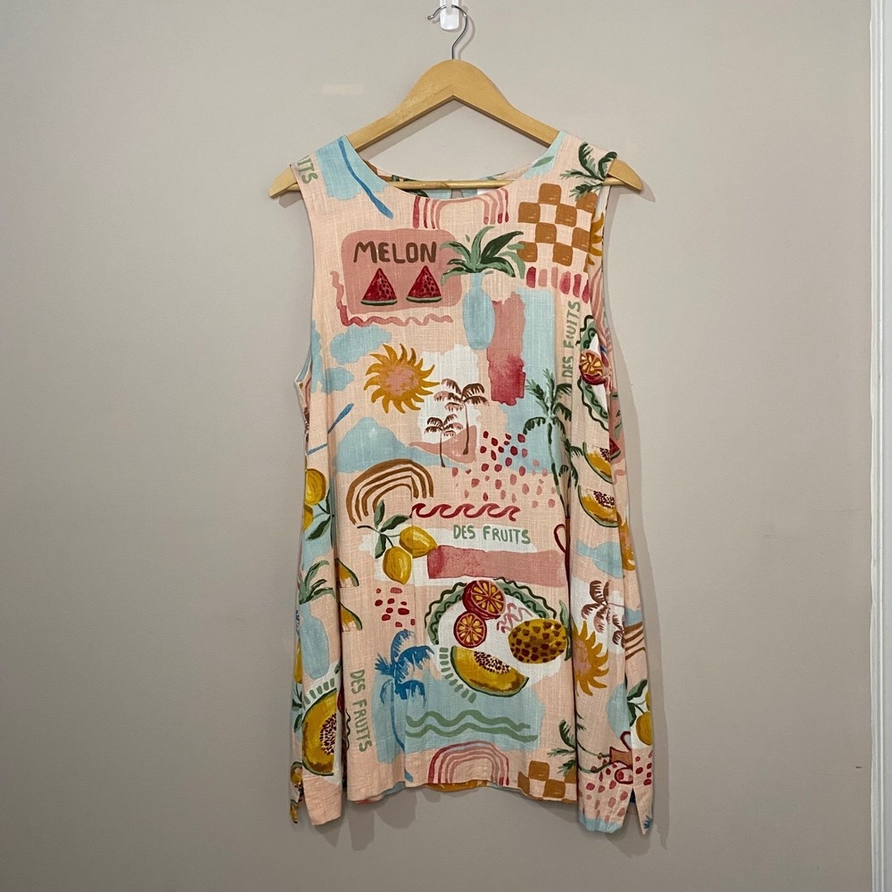 Paper Heart Tropical Fruit Linen Blend Sleeveless Shift Dress Pink XL Pockets